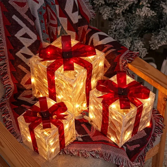 3-Piece Christmas Luminous Gift Box Lights - Detachable LED Decorative Lighting Fixtures