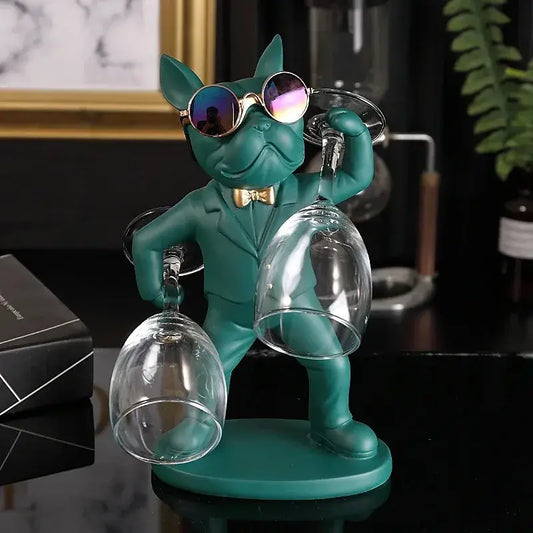French Bulldog wine glass holder in a charming design, featuring sunglasses and holding wine glasses on a decorative base.