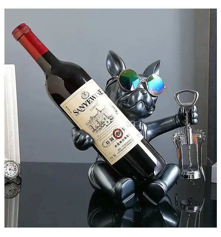 Bulldog wine rack holding a wine bottle, showcasing a realistic resin dog statue with sunglasses.