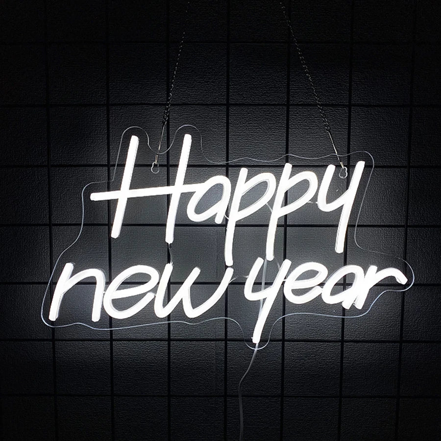 Happy New Year Neon Sign - USB Powered Snowman LED Light for Party Decor