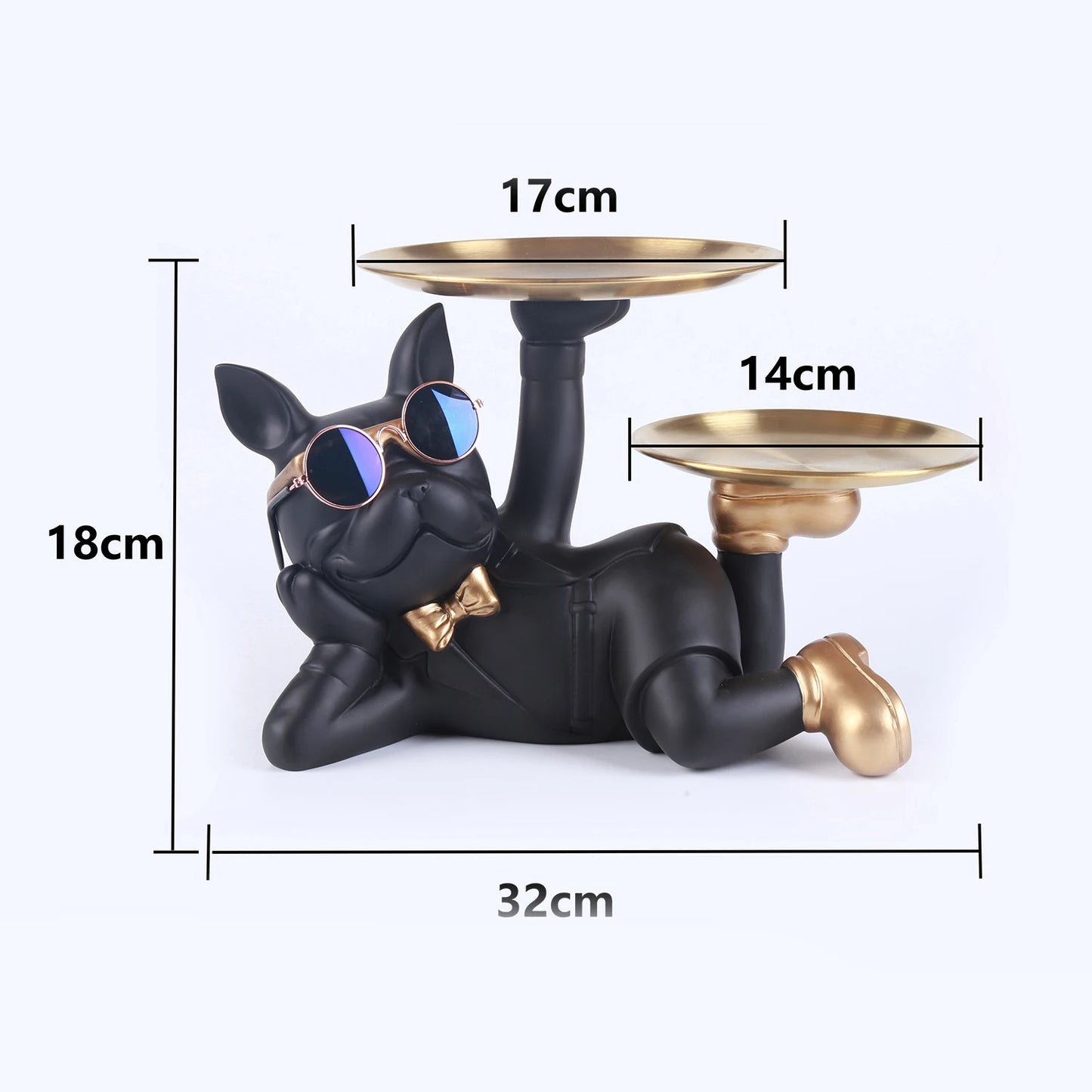 Resin Dog Statue French Bulldog Figurine Sculptures Modern Desk Decor Storage with 2 Trays Office Home Living Room Decoration