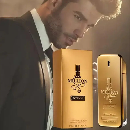 Luxury men's eau de parfum featured with a sophisticated masculine fragrance in an elegant golden packaging.