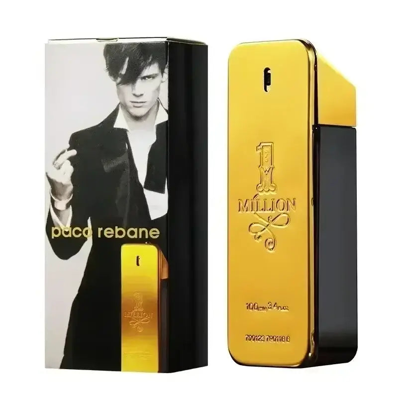 luxury men's eau de parfum by Paco Rabanne, sophisticated fragrance in gold packaging.