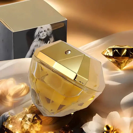 Women's Luxury Eau de Parfum 80ml - Golden Million Attraction Perfume bottle with golden accents and elegant background.