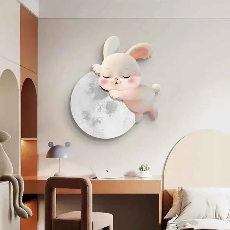 Cartoon Rabbit LED Wall Painting - Modern Bedroom Headboard Decoration with Light