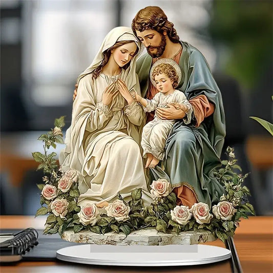 Christmas Holy Family Centerpiece - Nativity Table Sign with Base for Home & Party Decor