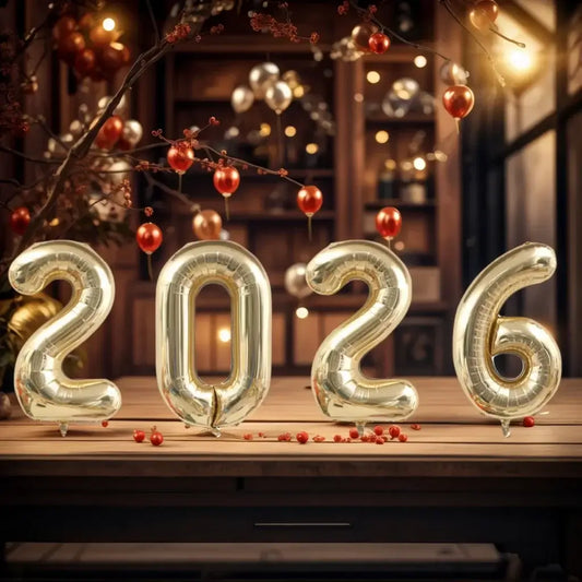 Happy New Year 2026 Number Balloons - Aluminum Foil Balloon Banner Set