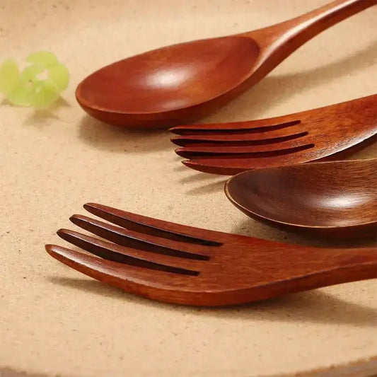 Wooden Spoon & Fork Set - Natural Kitchen Utensils for Dining