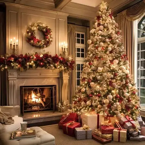 Elegant Christmas & New Year Decor items featuring a beautifully decorated tree and festive fireplace setting.