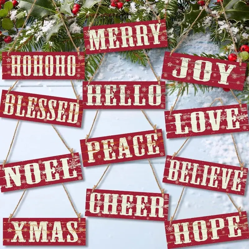 12-Piece Rustic Christmas Wall Decor Set - Vintage Wooden Plaques Joy, Peace & HoHoHo for Holiday Home