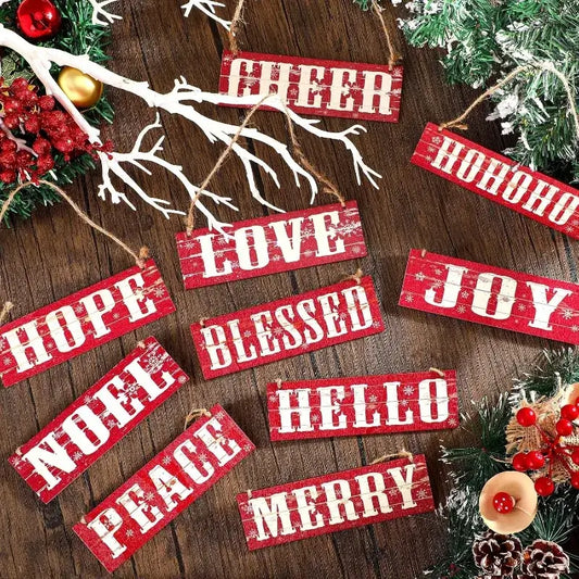 12-Piece Rustic Christmas Wall Decor Set - Vintage Wooden Plaques Joy, Peace & HoHoHo for Holiday Home