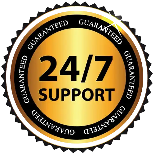 24/7 support gold badge with black text and border.