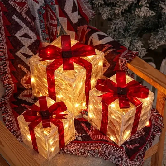3-Piece Christmas Luminous Gift Box Lights - Detachable LED Decorative Lighting Fixtures