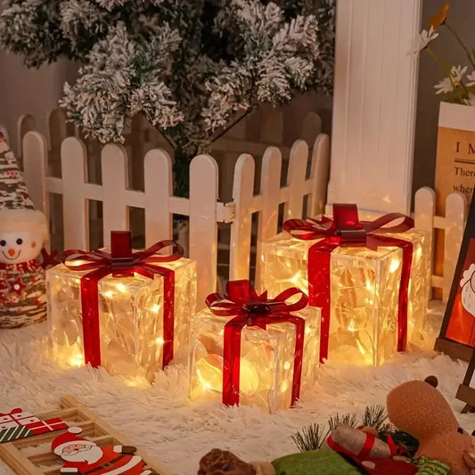3-Piece Christmas Luminous Gift Box Lights - Detachable LED Decorative Lighting Fixtures