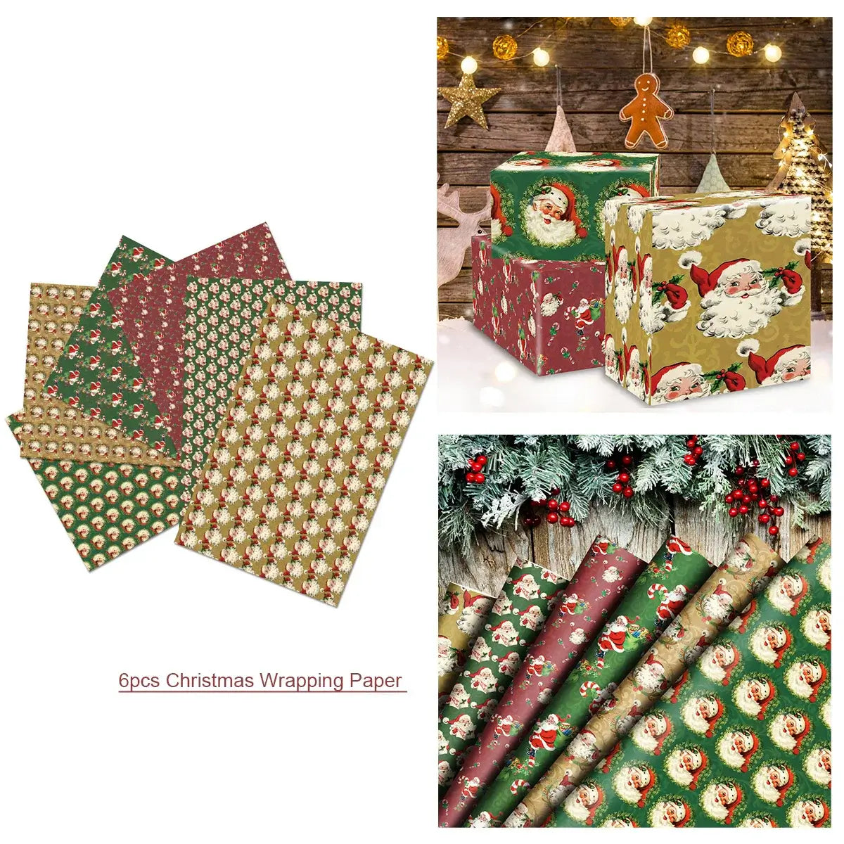 6-Piece Vintage Christmas Gift Wrapping Paper - Santa Claus & Snowman Design for Xmas Party Decor