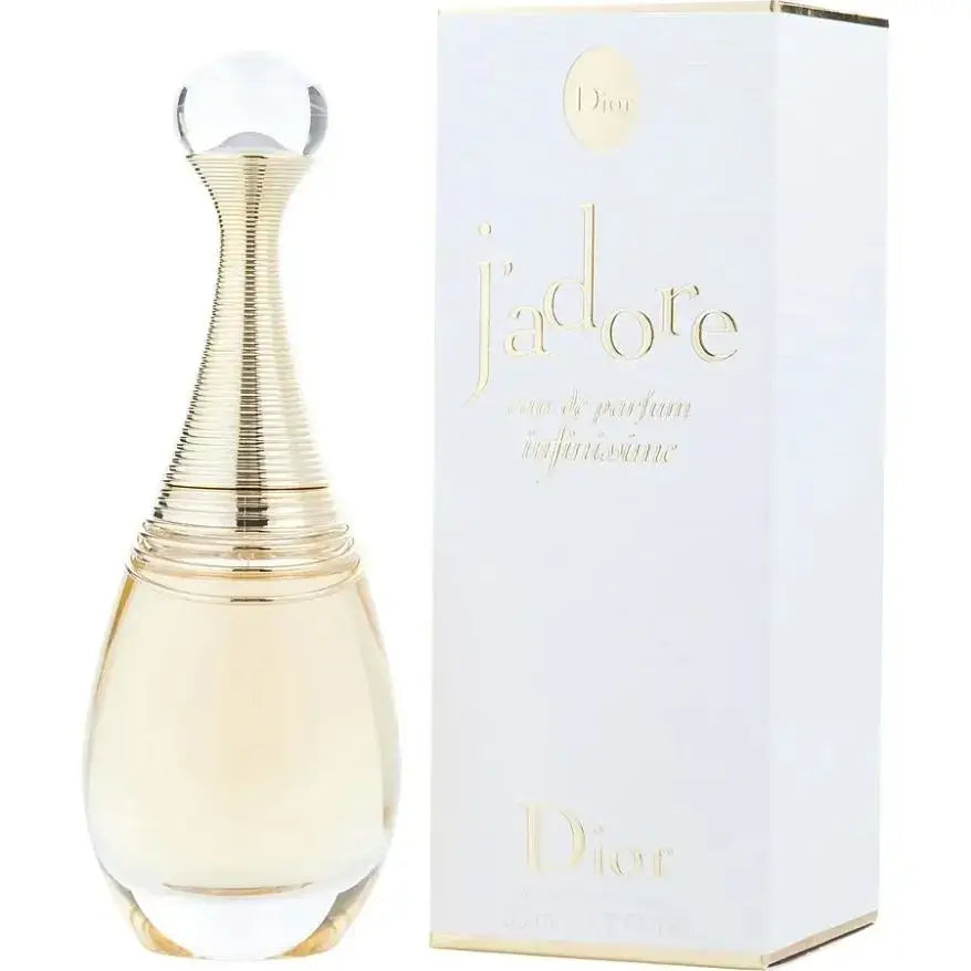 Dior J'adore Infinissime perfume bottle and packaging image showcasing luxurious floral fragrance.