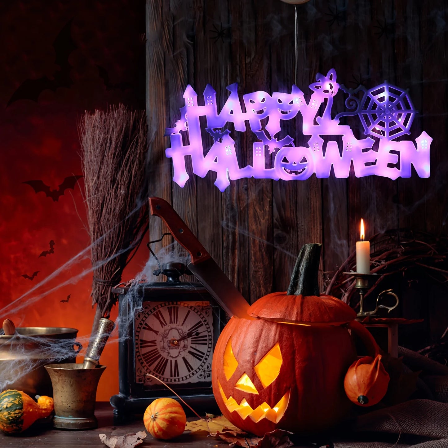 New Halloween "Happy Halloween" LED Light String - Light-Up Letter Sign | Suction Cup Decor for Doors & Windows|Battery-Operated