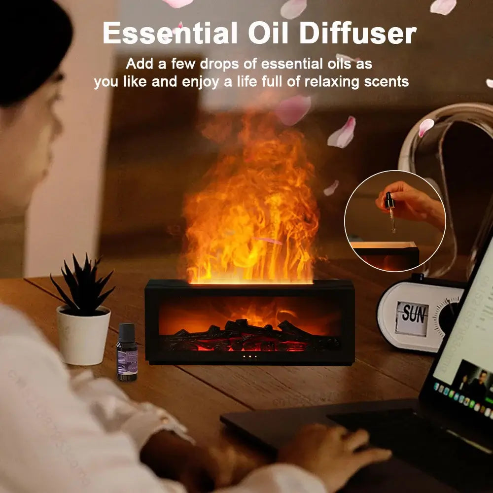 Flame aroma diffuser with a soothing flame effect, adding essential oil drops for a relaxing atmosphere.