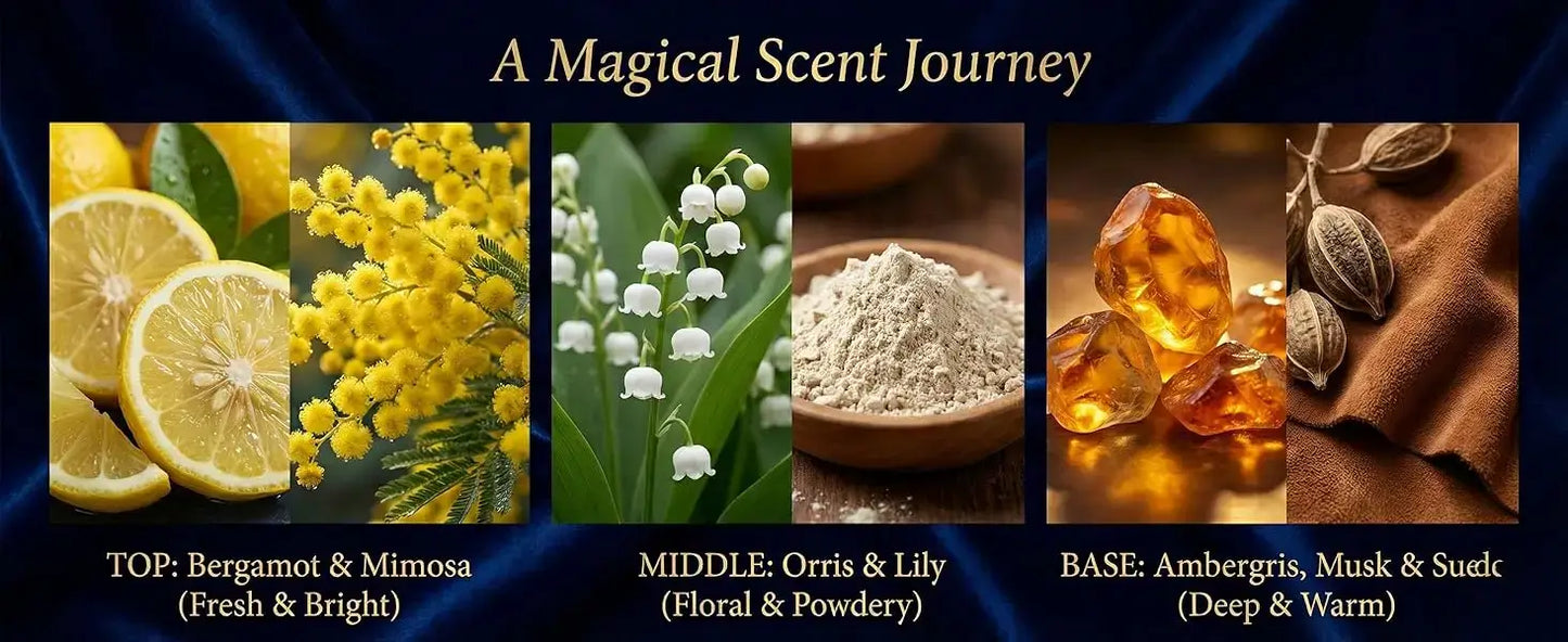 A Magical Scent Journey with notes of Bergamot, Mimosa, Orris, Lily, Ambergris, Musk & Suede.