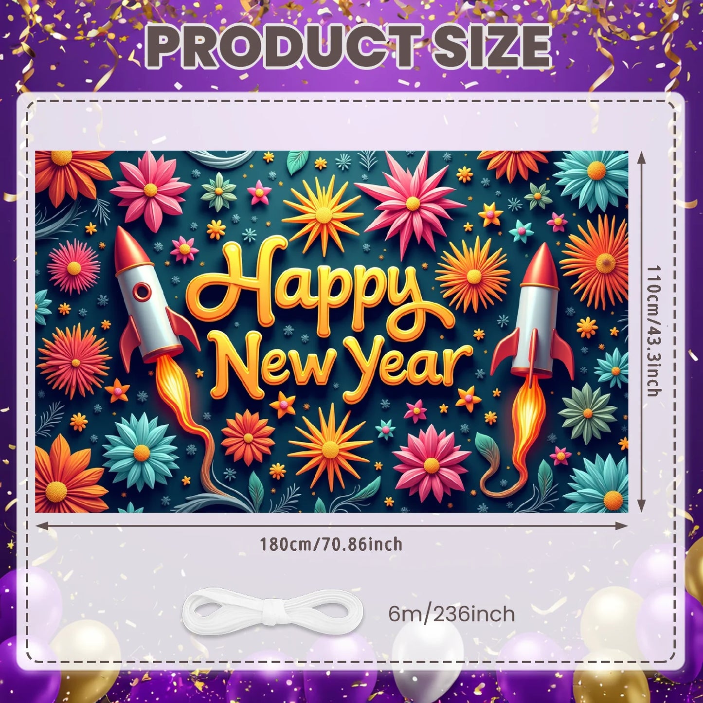 Happy New Year 2026 Photo Backdrop Banner - Party Background Decoration 180x110cm