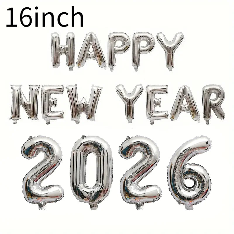 Happy New Year 2026 Number Balloons - Aluminum Foil Balloon Banner Set