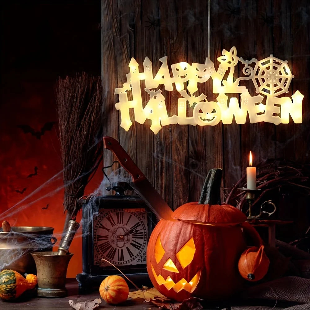 New Halloween "Happy Halloween" LED Light String - Light-Up Letter Sign | Suction Cup Decor for Doors & Windows|Battery-Operated