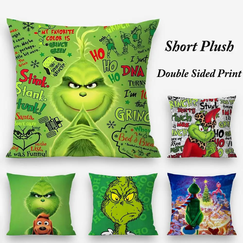 Christmas Grinch Pillow Case - Plush Soft Double-Sided Print Sofa Cushion Cover for Holiday Decor