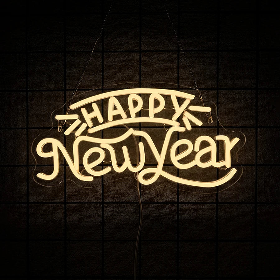 Happy New Year Neon Sign - USB Powered Snowman LED Light for Party Decor