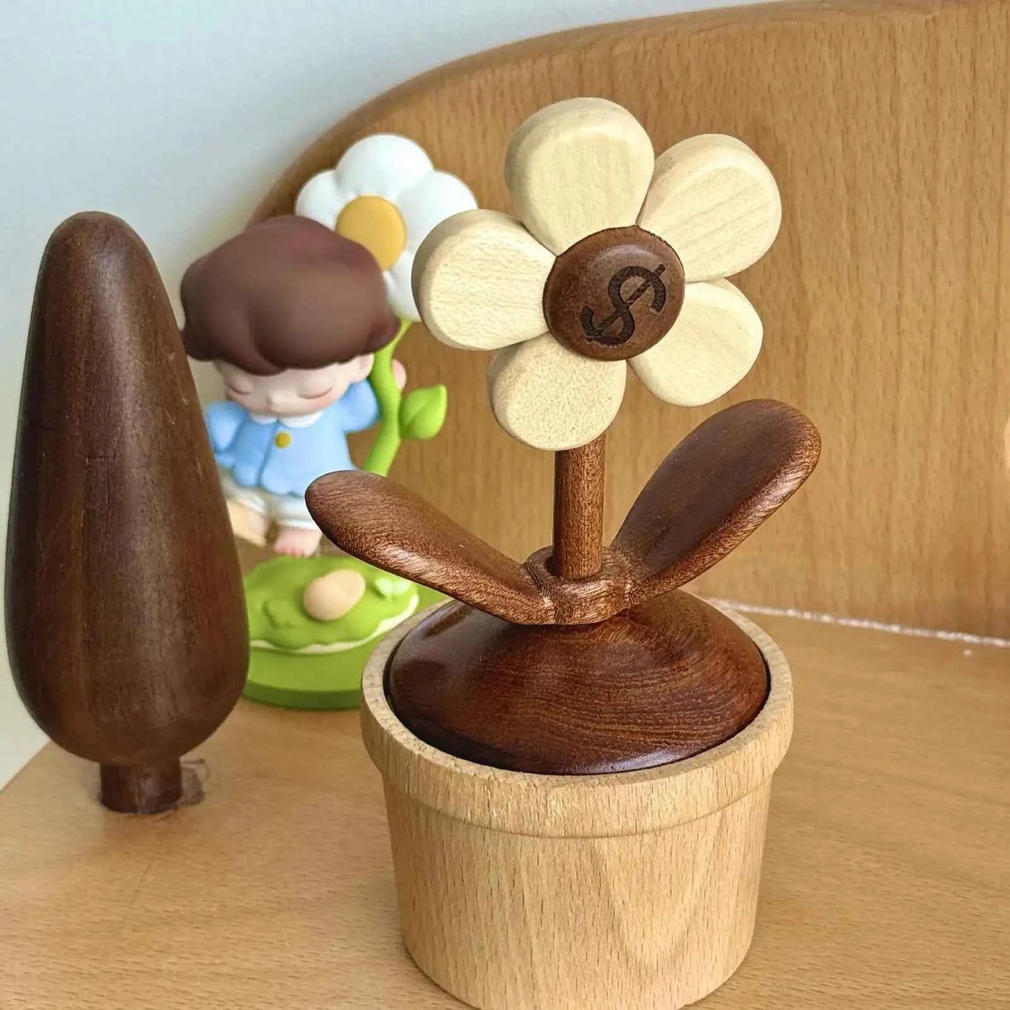 Dashboard Decor For Car Dashboard Mount Rotating Flower Decor Wooden Ornament Cute Floral Art Artificial Tabletop Road Trips