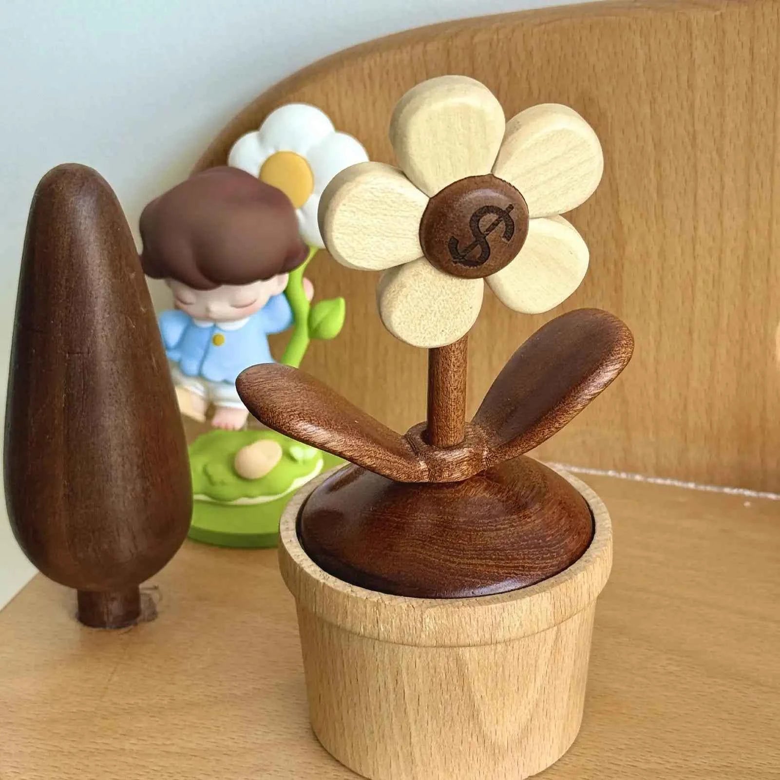 Dashboard Decor For Car Dashboard Mount Rotating Flower Decor Wooden Ornament Cute Floral Art Artificial Tabletop Road Trips