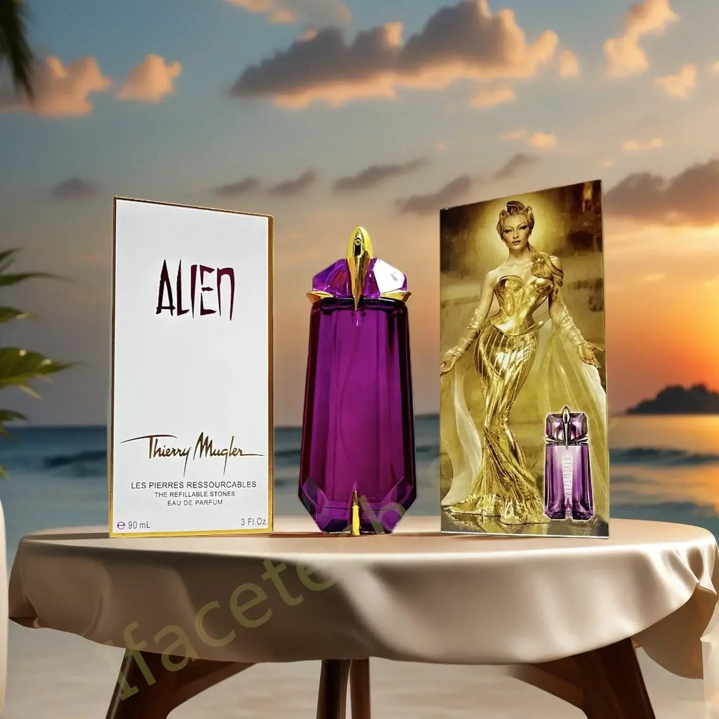 Women's Floral Eau de Parfum 90ml - Luxury Night Scent Perfume displayed elegantly on a table near the beach.