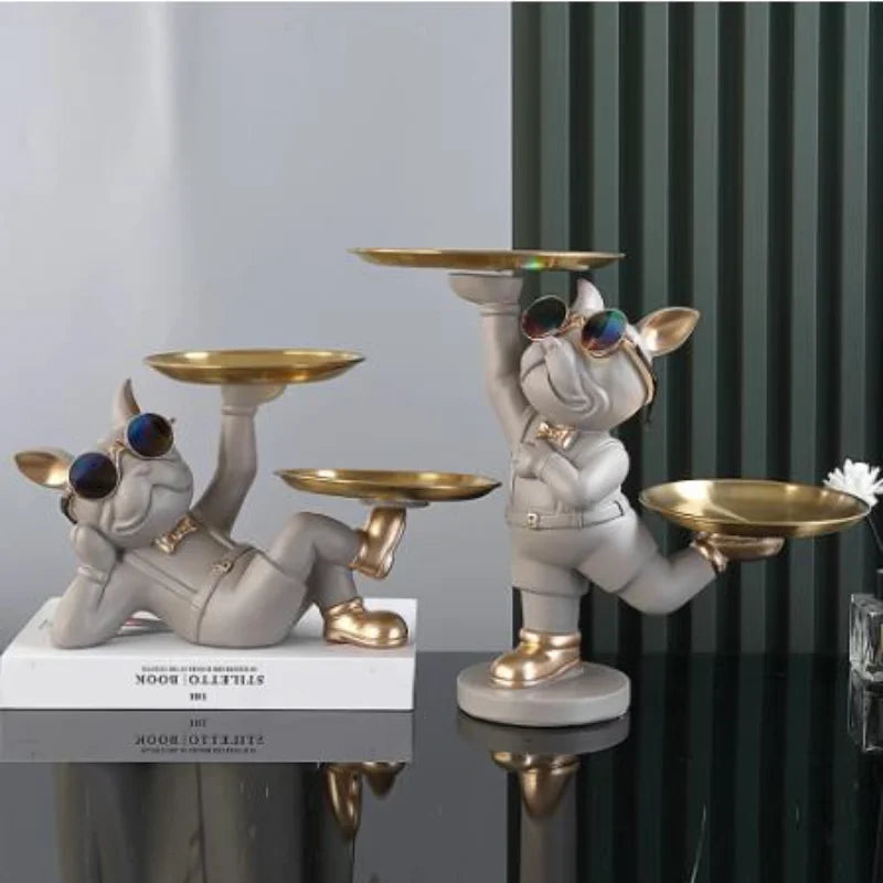 Resin Dog Statue French Bulldog Figurine Sculptures Modern Desk Decor Storage with 2 Trays Office Home Living Room Decoration