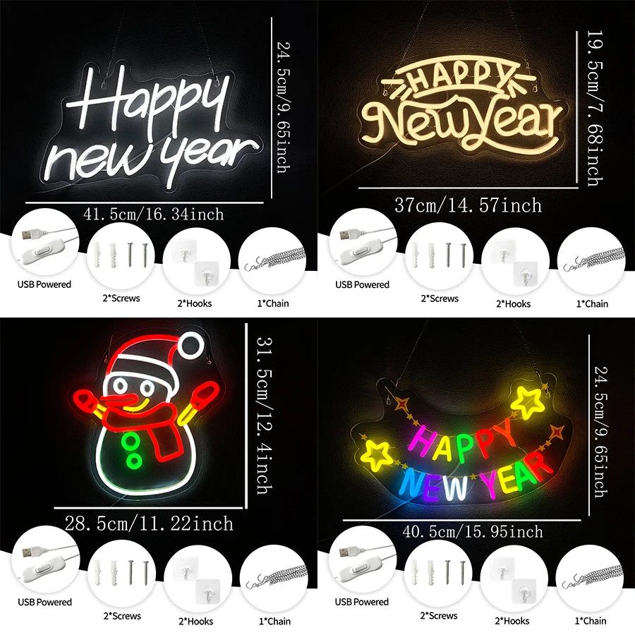 Happy New Year Neon Sign - USB Powered Snowman LED Light for Party Decor