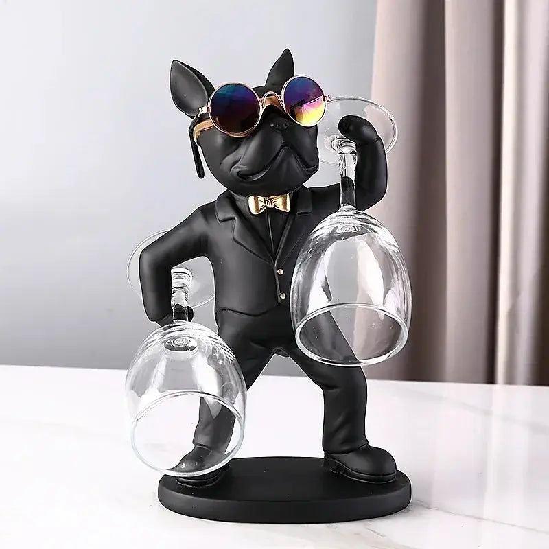 French Bulldog wine glass holder featuring a stylish dog in sunglasses holding wine glasses on a table.
