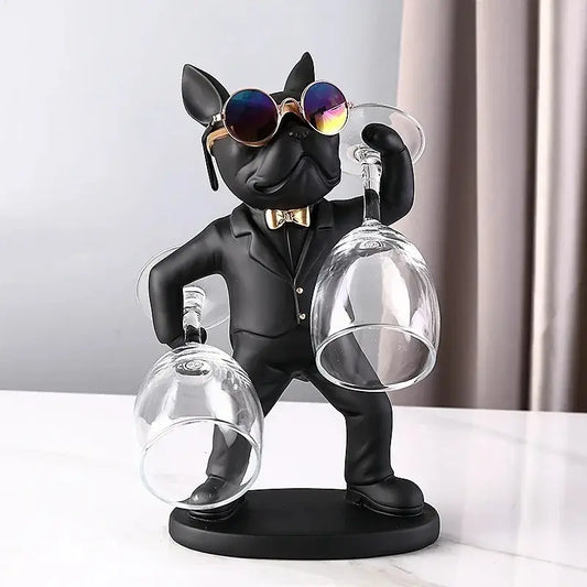 French Bulldog wine glass holder featuring a stylish dog in sunglasses holding wine glasses on a table.