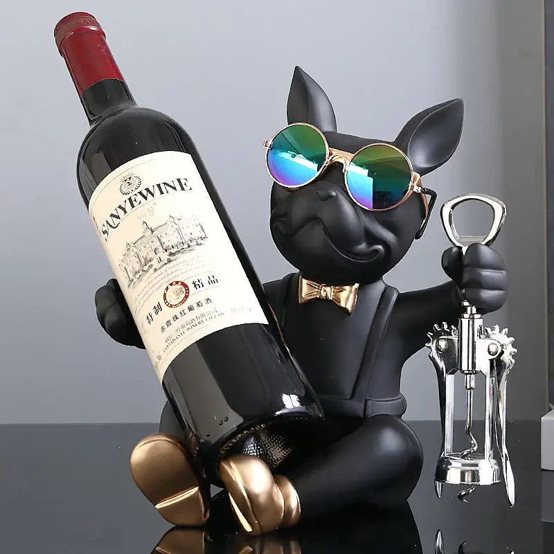 Bulldog wine rack featuring a playful dog statue wearing sunglasses and holding a wine bottle.