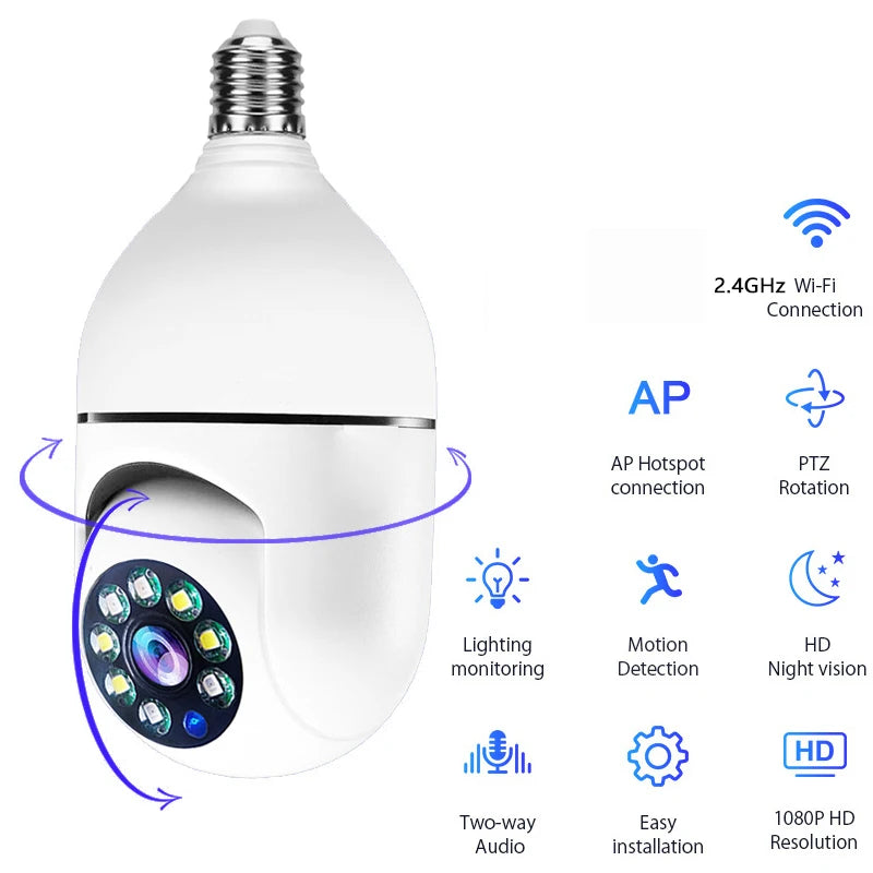 Lamp Bulb Camera 360° Swivelling Ip Camera 1080p Outdoor Waterproof Night Zoom