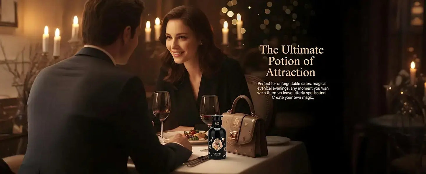 Unisex Woody Floral Perfume 50ml/100ml on a dinner table with candles and two people enjoying a romantic date.