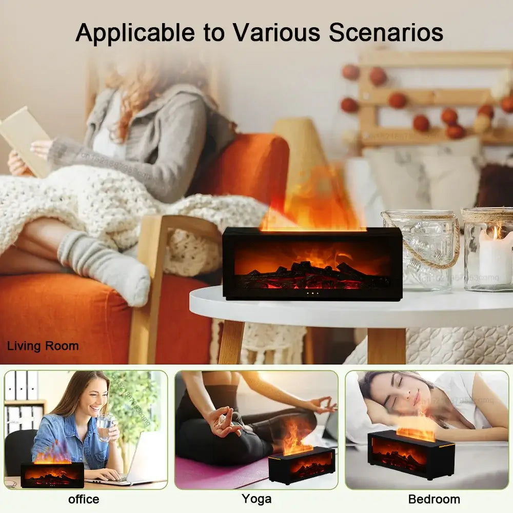Flame aroma diffuser in various scenarios including office, yoga, and bedroom settings.