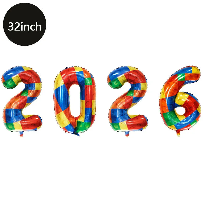 Happy New Year 2026 Number Balloons - Aluminum Foil Balloon Banner Set
