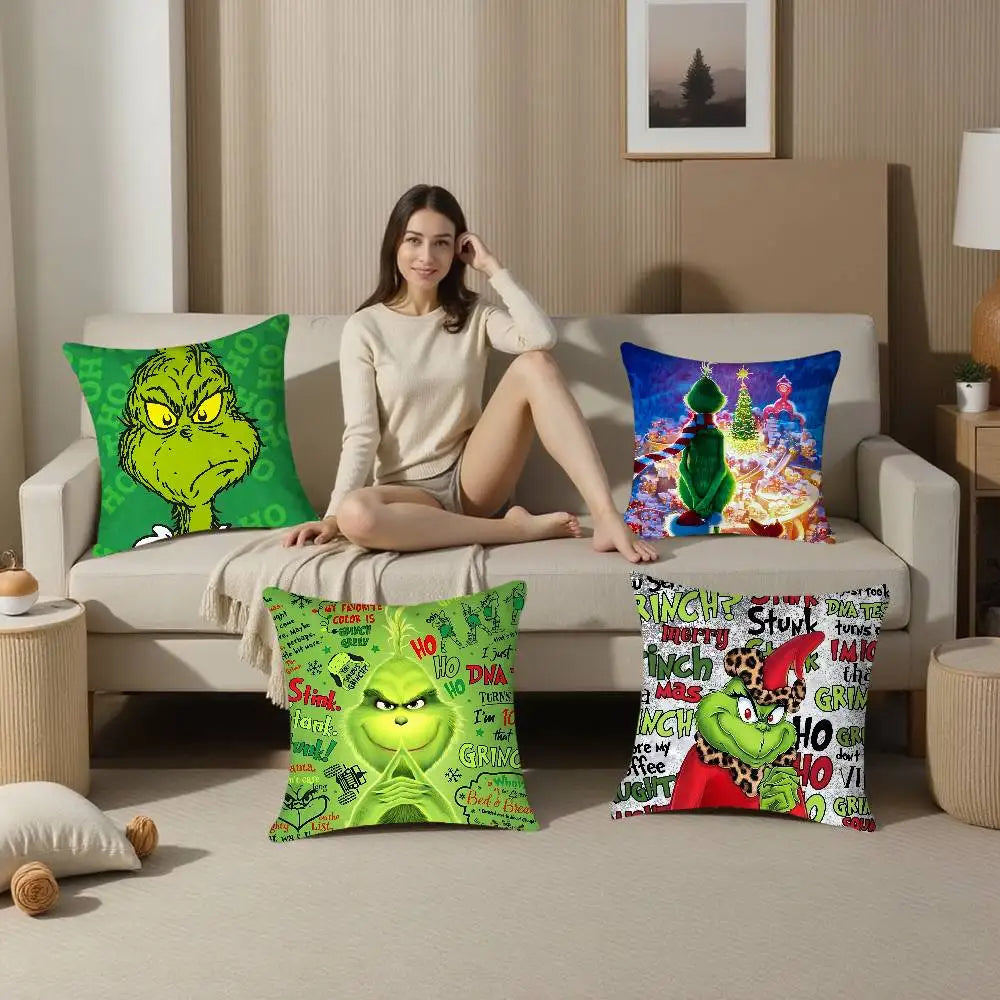 Christmas Grinch Pillow Case - Plush Soft Double-Sided Print Sofa Cushion Cover for Holiday Decor