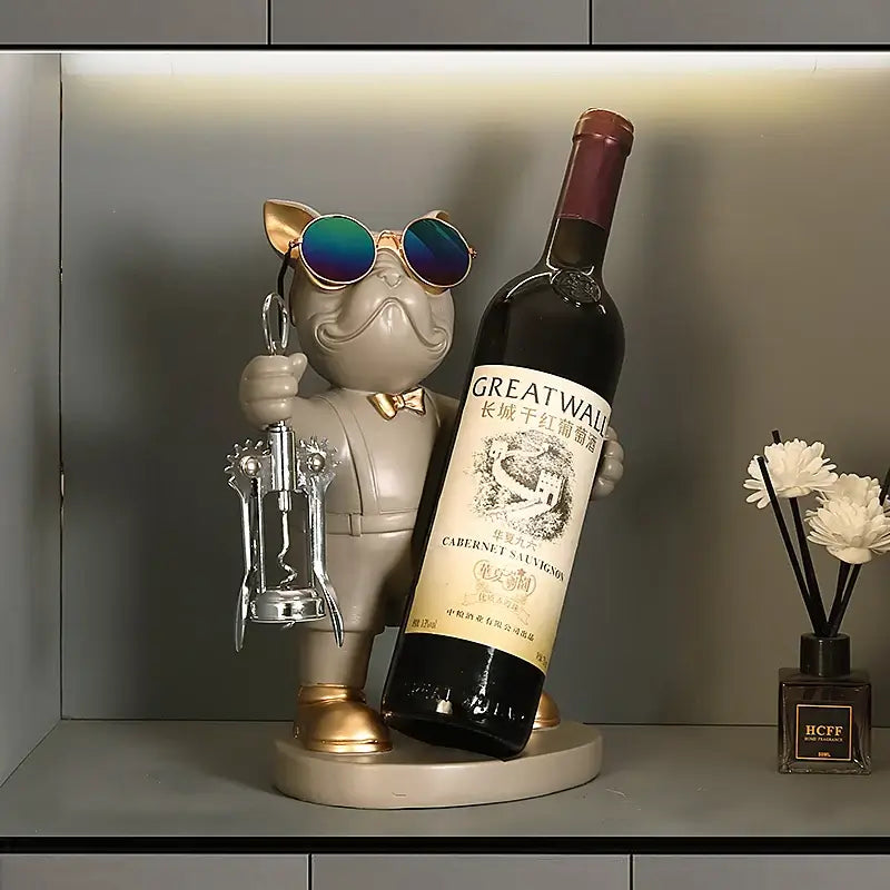 French Bulldog wine bottle holder displaying a bottle of wine with stylish sunglasses in a contemporary setting.