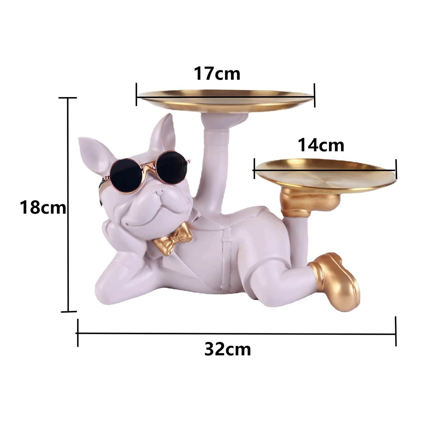 Resin Dog Statue French Bulldog Figurine Sculptures Modern Desk Decor Storage with 2 Trays Office Home Living Room Decoration