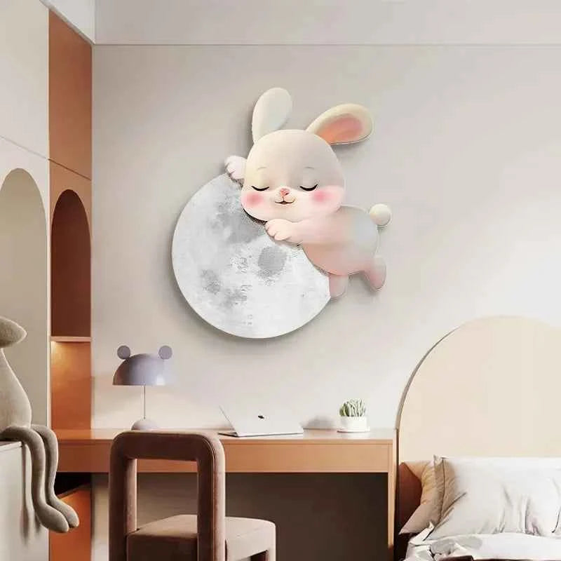 Cartoon Modern Bedroom Decoration Painting Rabbit Main Bedroom Room Headboard Background Wall Hanging Painting Led Light Mural