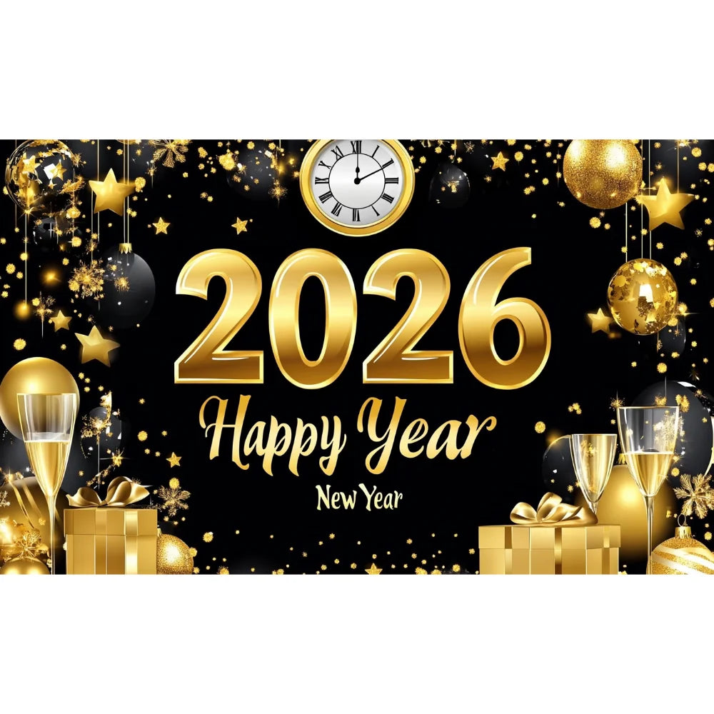 Happy New Year 2026 Photo Backdrop Banner - Party Background Decoration 180x110cm