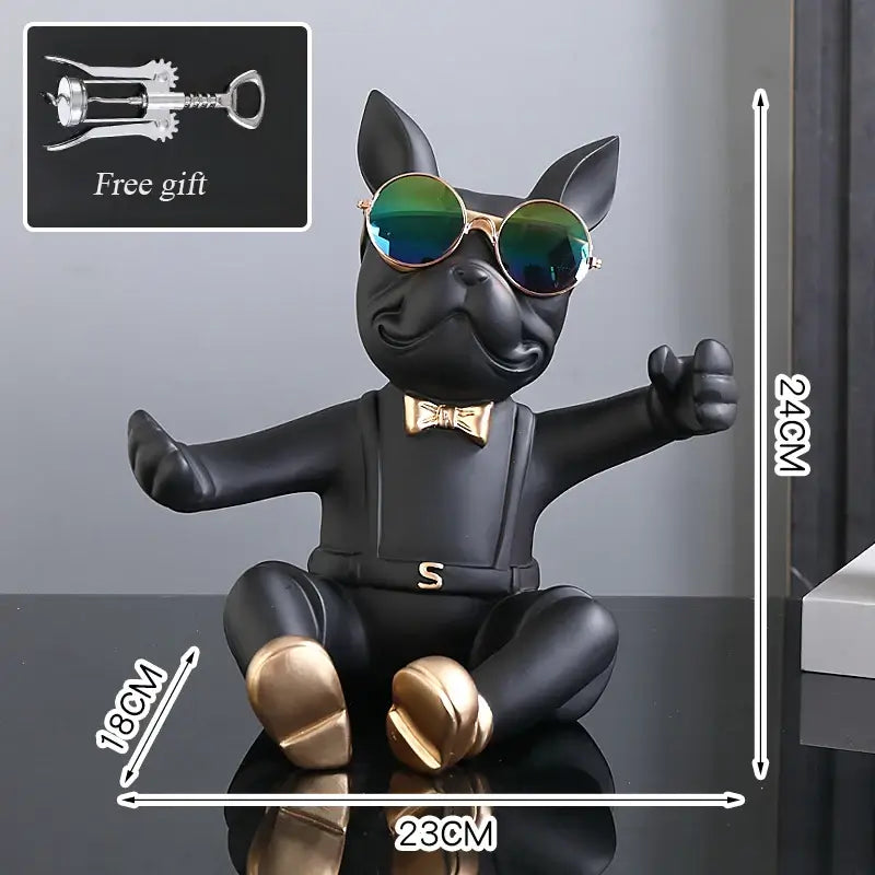 Bulldog wine rack featuring a stylish black dog statue wearing sunglasses and a bow tie, perfect for wine lovers.