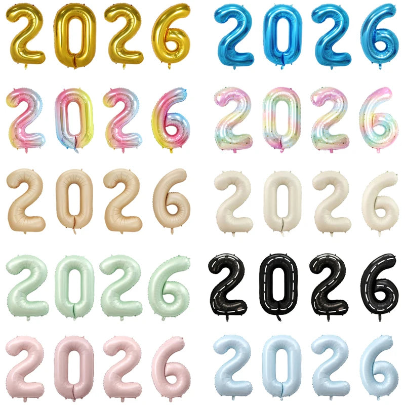 Happy New Year 2026 Number Balloons - Aluminum Foil Balloon Banner Set