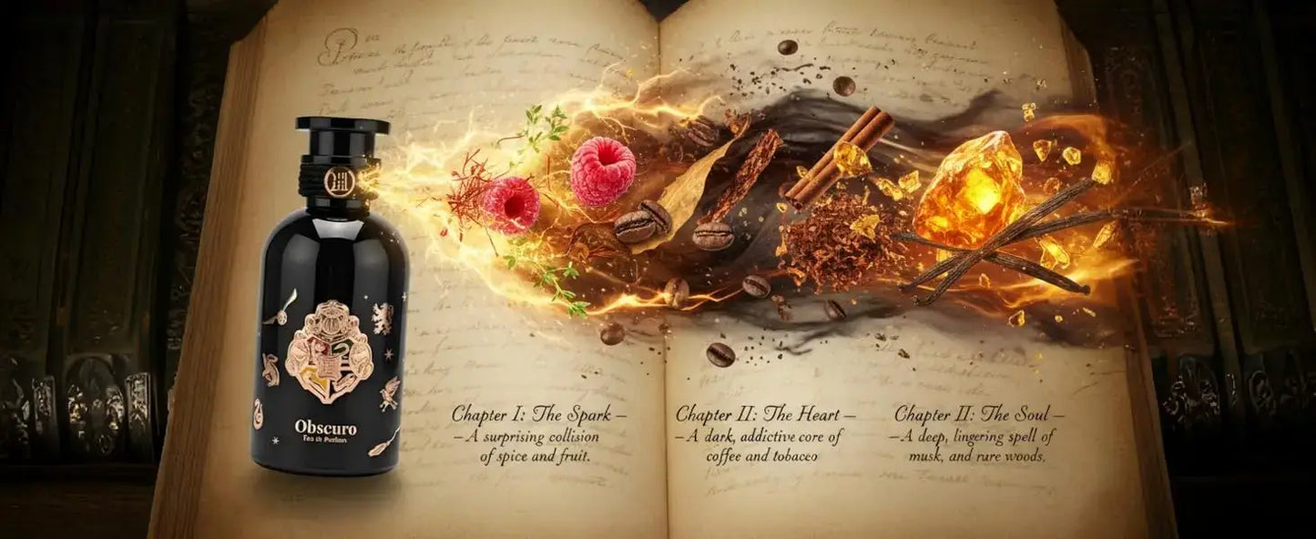 Unisex Woody Floral Perfume 50ml/100ml bottle with a magical book background depicting fragrance notes.