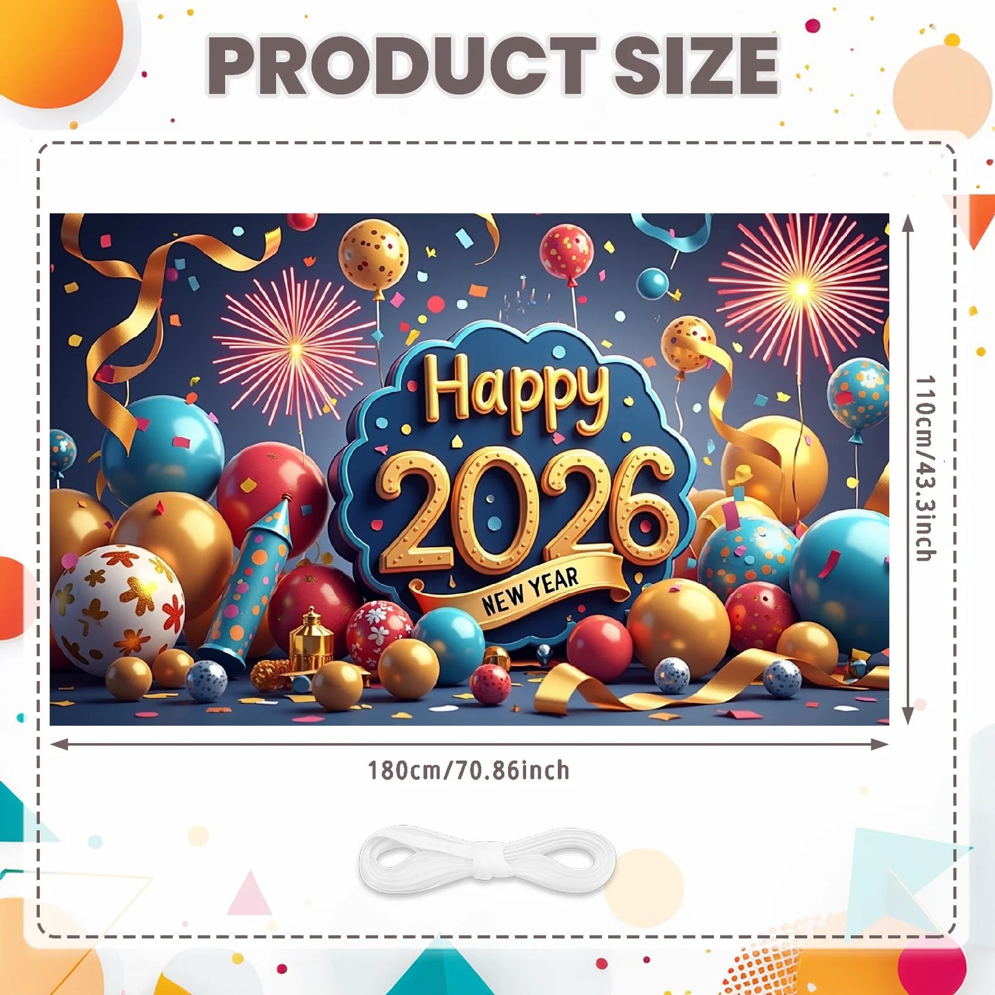 Happy New Year 2026 Photo Backdrop Banner - Party Background Decoration 180x110cm