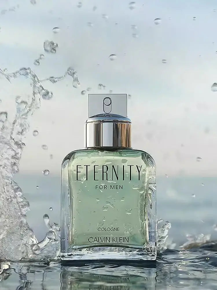 Calvin Klein Eternity Eau de Cologne for Men bottle splashing in water, showcasing its timeless fragrance.